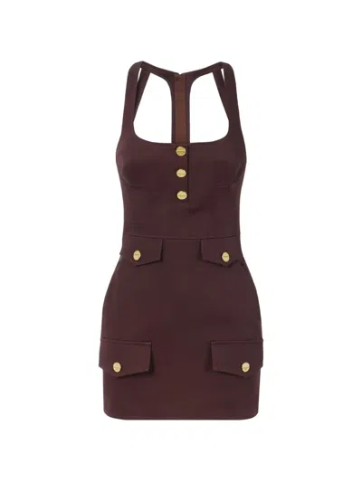 Elisabetta Franchi Flap Button Mini Dress In Brown