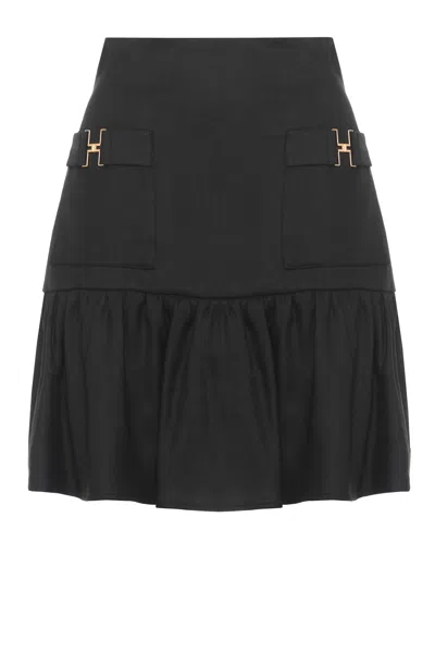 Elisabetta Franchi Flared Black Linen Skirt With Logo Accents In Gray