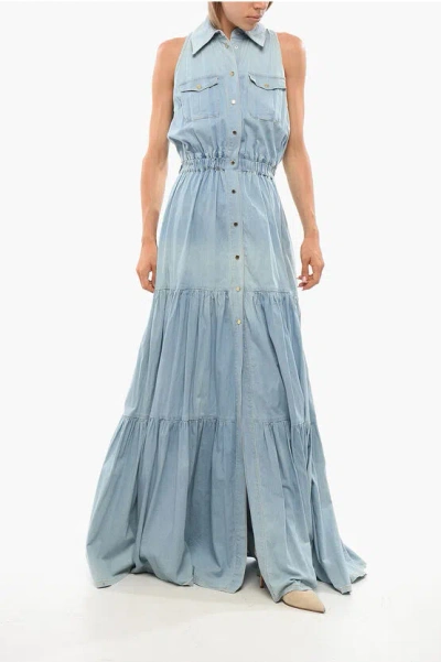 Elisabetta Franchi Flared Denim Shirt Dress In Blue