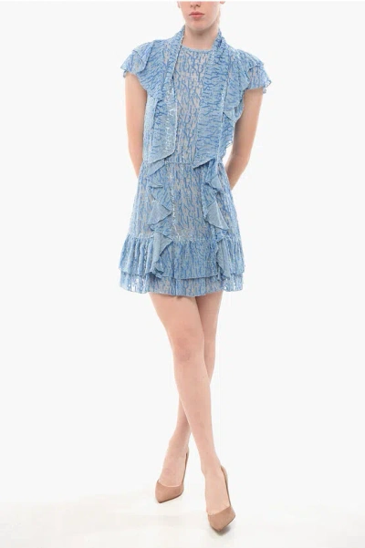 Elisabetta Franchi Flocked Chiffon Dress With Tie Neck Design In Blue