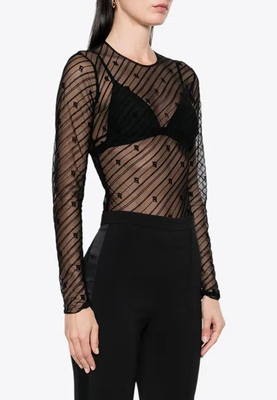 Elisabetta Franchi Flocked Jacquard Tulle Bodysuit In Black