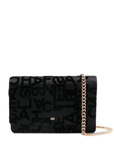 Elisabetta Franchi Flocked-logo Satin Shoulder Bag In Black