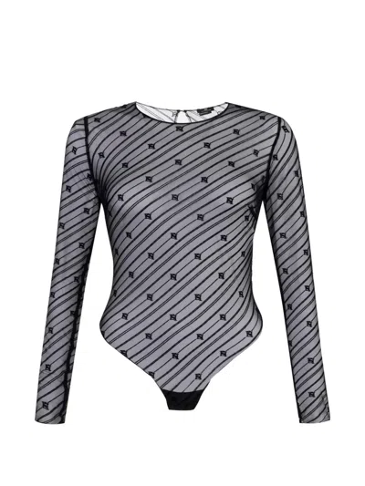 Pre-owned Elisabetta Franchi Flocked Monogram Mesh Bodysuit In Black