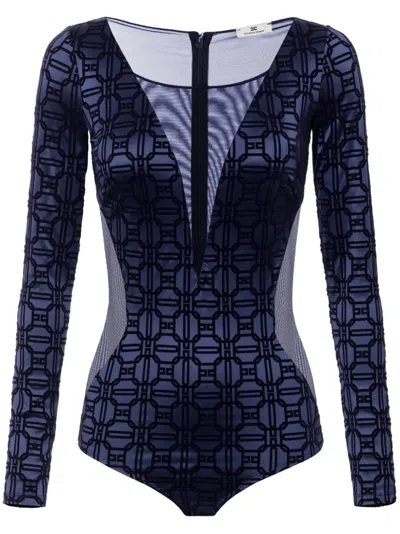 Elisabetta Franchi Flocked-logo Bodysuit In Blue