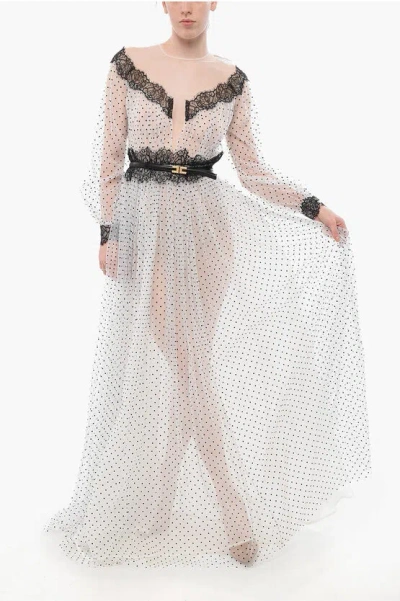 Elisabetta Franchi Flocked Tulle Shirt Dress With Polka Dot Motif In White