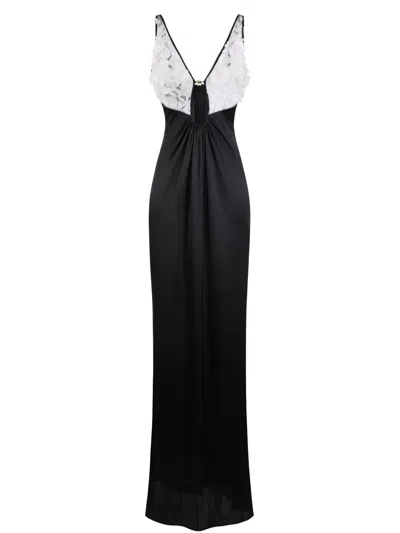 Elisabetta Franchi Red Carpet Dress In Silk And Tulle Fabric With 3d Flowers In Black