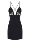 Elisabetta Franchi Plunging Neckline Mini Dress With Lace Detailing And Floral Embellishments In Black