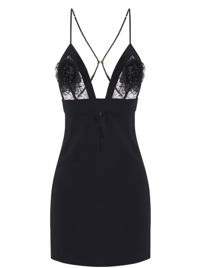 ELISABETTA FRANCHI FLORAL-APPLIQUÉ LACE-DETAIL MINI DRESS