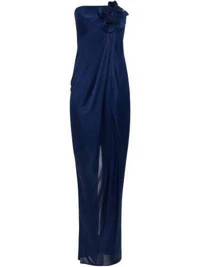 Elisabetta Franchi Floral-appliqué Satin Dress In Blue