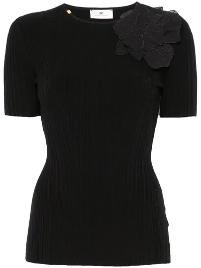 Elisabetta Franchi Floral-appliqué T-shirt In Black