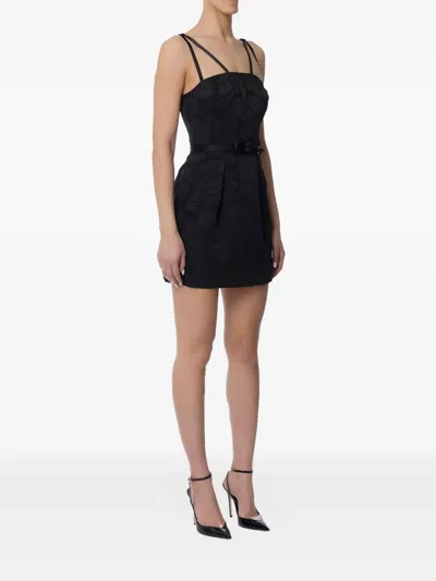 Elisabetta Franchi Floral-brocade Belted Dress In Black
