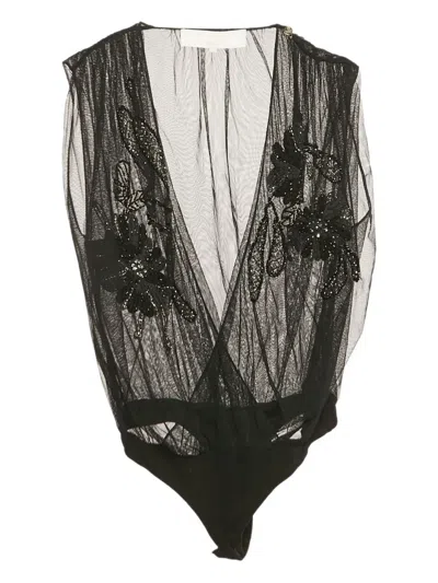 Pre-owned Elisabetta Franchi Floral-embellished Bodysuit In Black