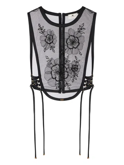 Elisabetta Franchi Floral-embroidered Lace Top In Black