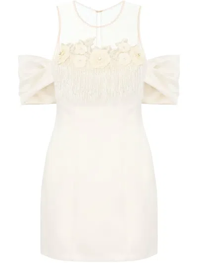 Elisabetta Franchi Floral-embroidered Satin Mini Dress In Neutrals