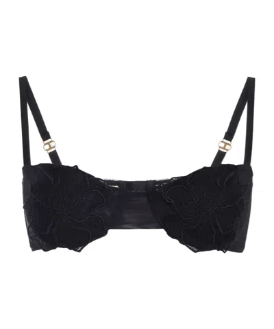 Elisabetta Franchi Floral Embroidered Tulle Bra In Black