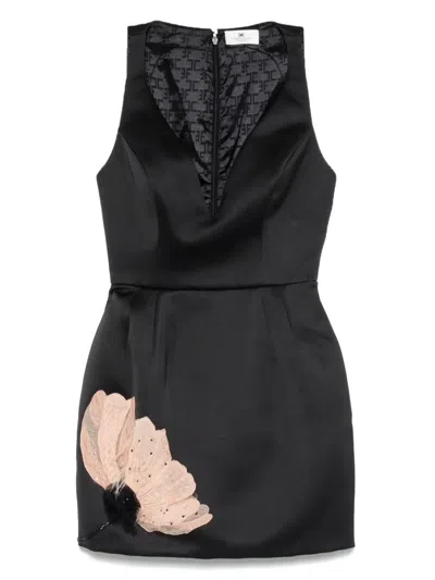 Elisabetta Franchi Floral-embroidery Satin Mini Dress In Black