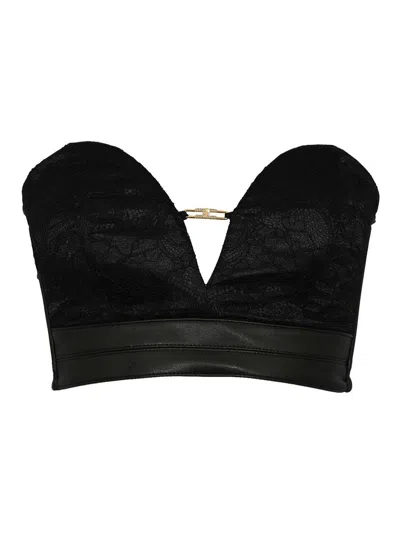 Elisabetta Franchi Floral Lace Bustier Top With Jewel Logo In Black