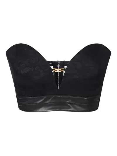 Elisabetta Franchi Floral Lace Jewel Logo Bustier Top In Black