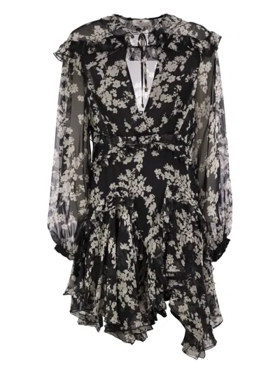 Elisabetta Franchi Printed Silk Voile Dress With Ruffles In Black