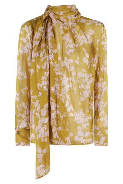 Elisabetta Franchi Floral Pattern Silk Blouse With Scarf Detail In Brown