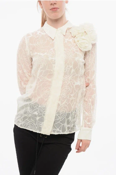 Elisabetta Franchi Floral Patterned Flocked Mesh Shirt In Metallic