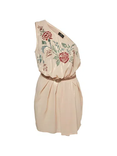 Pre-owned Elisabetta Franchi Floral-embellished One-shoulder Dress In Neutral