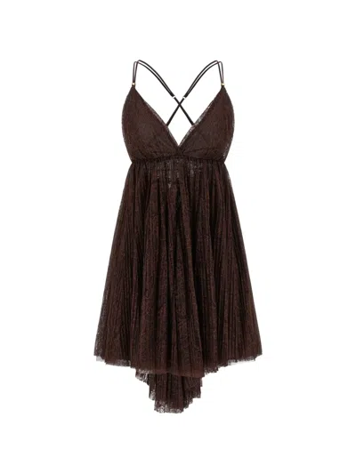 Elisabetta Franchi Lace Mini Dress V Neck Asymmetrical In Brown