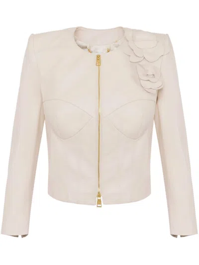Elisabetta Franchi Flower Appliqués Leather Jacket In Neutrals