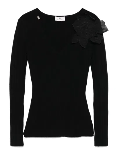 Elisabetta Franchi Gerippter Pullover Mit Blumendetail In Black