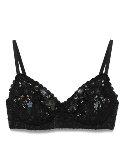 Elisabetta Franchi Flowers-embroidered Tweed Bra Top In Black