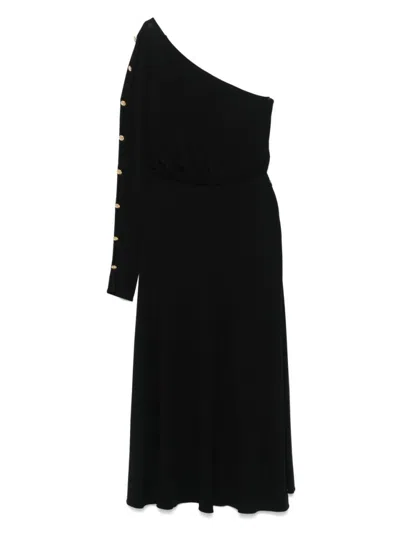 Elisabetta Franchi Flowing One-shoulder Black Dress With Decorative Buttons