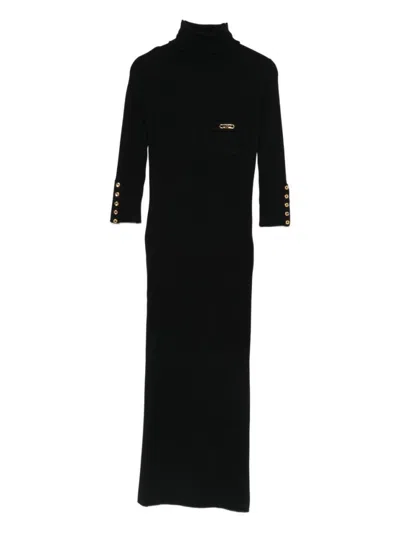 ELISABETTA FRANCHI FORM-FITTING BLACK MIDI DRESS WITH TURTLENECK