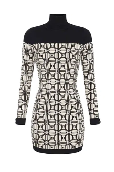 Elisabetta Franchi Form-fitting White Dress With Geometric Pattern In Black