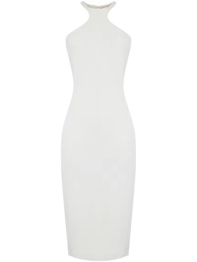 Elisabetta Franchi Form-fitting White Midi Dress With High Neckline