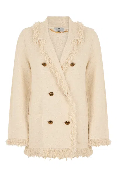 Elisabetta Franchi Frayed Double-breasted Cotton Blazer In Neutral