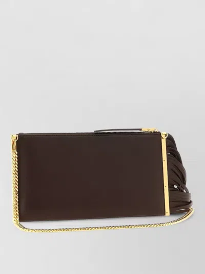 Elisabetta Franchi Fringe Clutch Bag Gold Chain Strap In Brown
