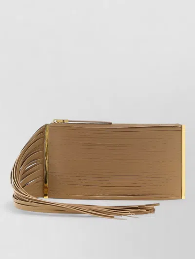 Elisabetta Franchi Fringe Clutch Bag Gold Tone Chain Strap In Brown