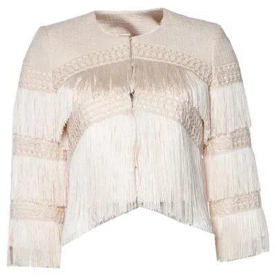 Pre-owned Elisabetta Franchi , Fringe Giacca Blazer In Cream In White