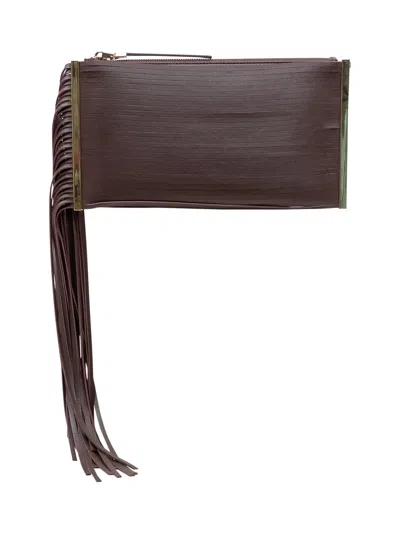 Elisabetta Franchi Fringe Zip Mini Clutch Bag In Cacao