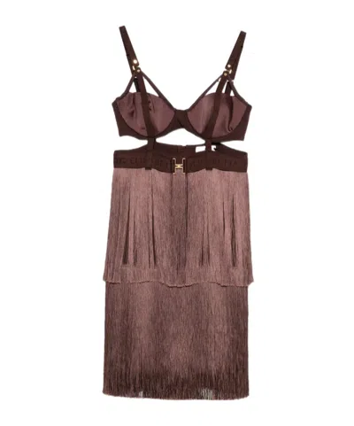 Elisabetta Franchi Fringed Dress In Brown
