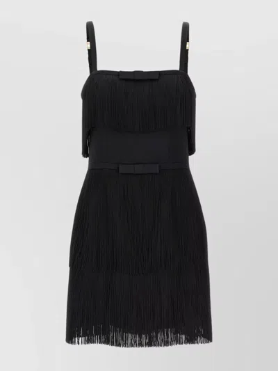 Elisabetta Franchi Fringed Dress With Adjustable Straps And Bow Accents In Black