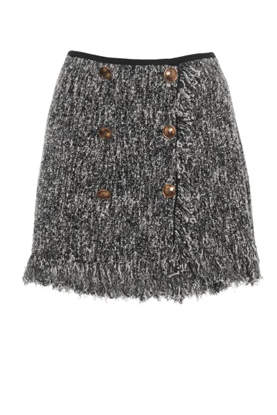 Elisabetta Franchi Fringed Hem Black Cotton Mini Skirt With Logoed Button Fastening In Gray