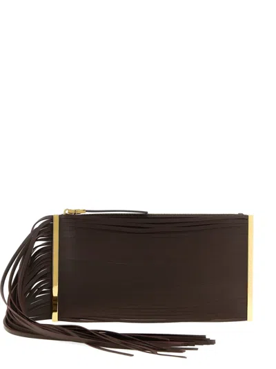Elisabetta Franchi Fringed Leather Clutch Bag In Brown