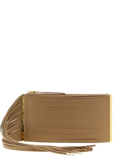 Elisabetta Franchi Fringed Leather Clutch Bag In Neutral
