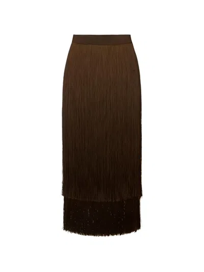 Elisabetta Franchi Fringed Midi Skirt In Brown