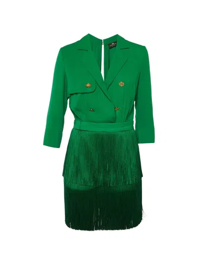 Pre-owned Elisabetta Franchi Fringe-detail Double-breasted Mini Dress In Green