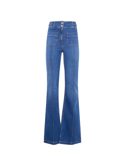 Elisabetta Franchi Flared Denim Trousers Seam Front Back Pockets In Blue