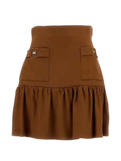Elisabetta Franchi High-waisted Mini Skirt With Gold Jewel Accents In Brown
