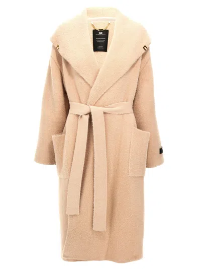 Elisabetta Franchi Belted Waist Shawl Collar Textured Fabric Coat In Pink