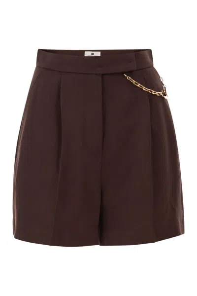 Elisabetta Franchi Gabardine Shorts With Jewelled Logo In Brown